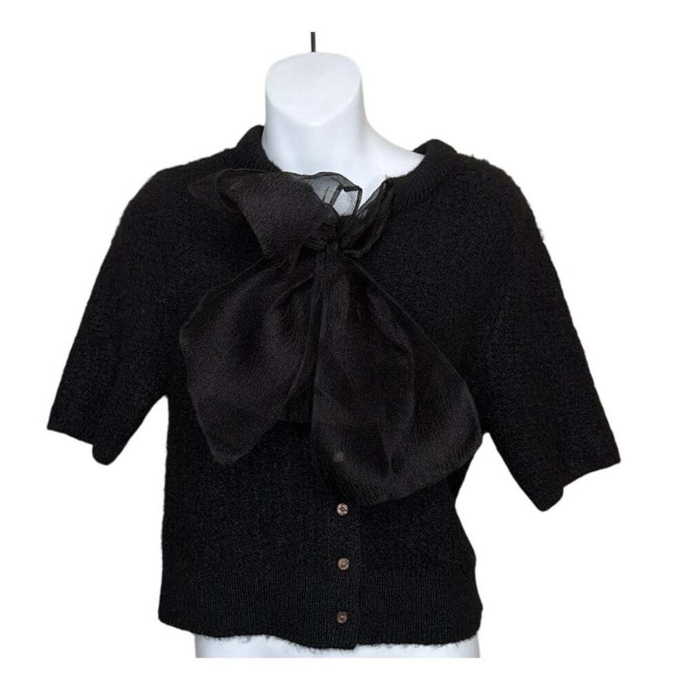 ASTR the Label Organza Bow Knit Cardigan Sweater Black Size Medium Holiday NWT